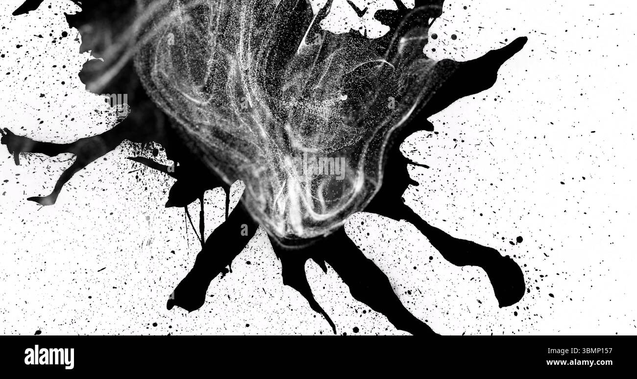 Affichage d'éclaboussures d'encre noire irrégulières sur la surface brillante du papier studio, avec des textures grises tourbillonnantes Banque D'Images