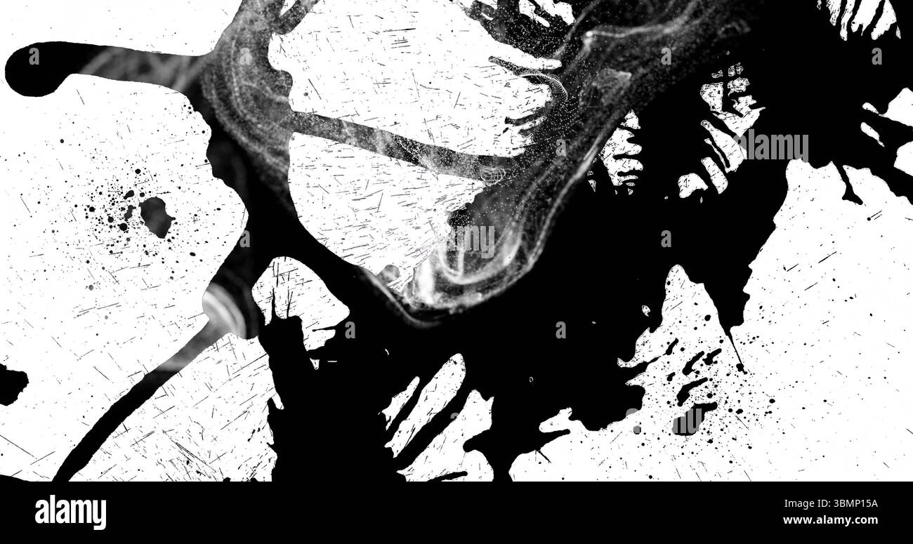 Affichant un motif abstrait d'éclaboussures d'encre couvrant la toile blanche au studio d'art, conception de peinture chaotique Banque D'Images