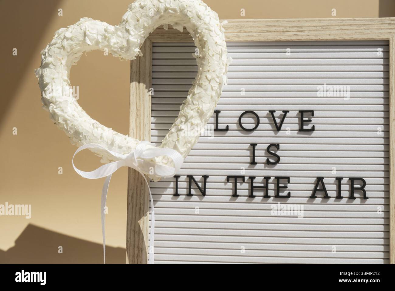 L'AMOUR EST DANS L'AIR phrase symbole de l'amour beaux pétales de fleur en forme de coeur en fond beige. Concept créatif de la Saint Valentin, désherbage ro Banque D'Images L'AMOUR EST DANS L'AIR phrase symbole de l'amour beaux pétales de fleur en forme de coeur en fond beige. Concept créatif de la Saint Valentin, désherbage ro Banque D'Images