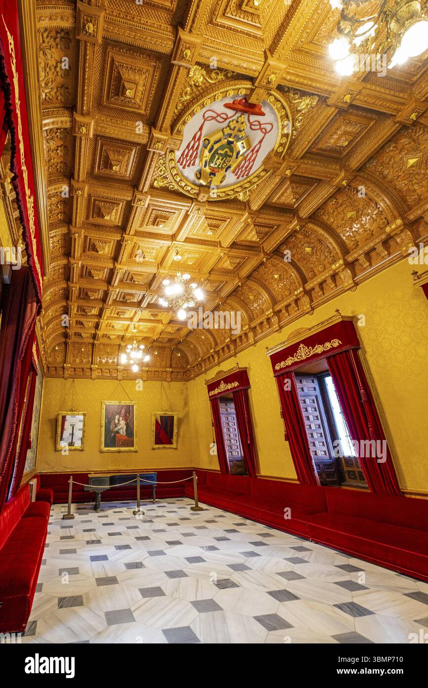 Plafond de métal à caissons avec les armoiries ecclésiastiques du cardinal Juan Martinez Siliceo, XVIIe siècle, Real Colegio de las nobles do Banque D'Images