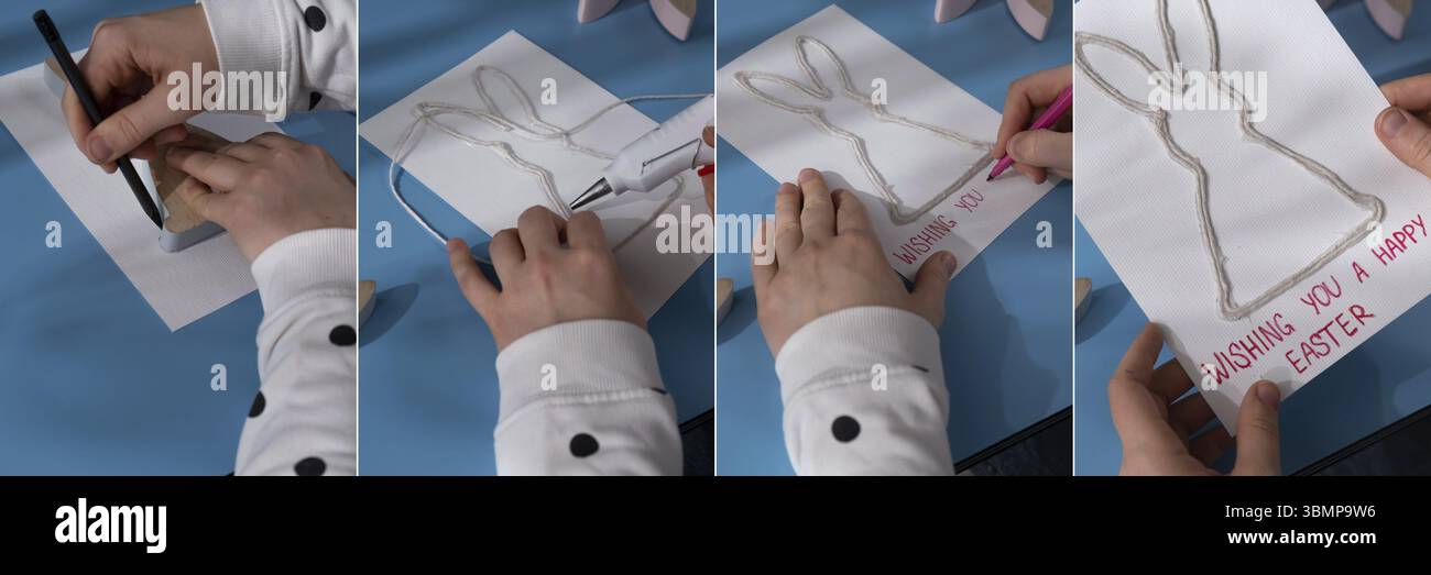 Collage de lapin DE PÂQUES en corde de coton préparation durable processus de bricolage de fabrication de cartes de voeux faites à la main. Activité étape par étape pour les enfants. Banque D'Images