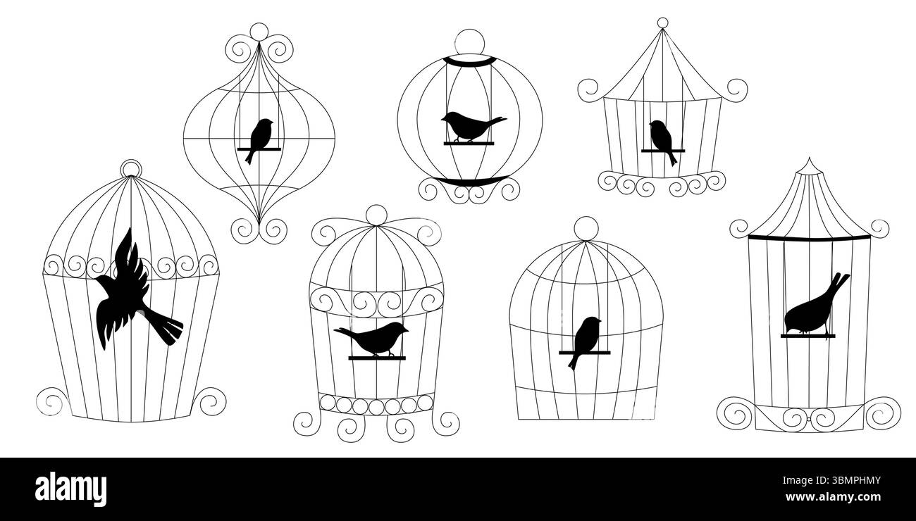 Ensemble vectoriel dessiné à la main de cages d'oiseaux dans la collection simple de croquis de cage en métal de style doodle pour l'illustration d'art de ligne d'usage domestique isolé maison d'animaux vintage Illustration de Vecteur