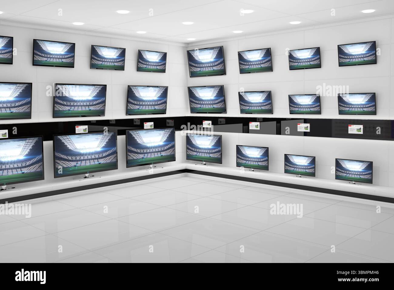 La salle d'exposition au design plat présente des téléviseurs à écran plat affichant la scène du stade avec des étiquettes de prix Banque D'Images