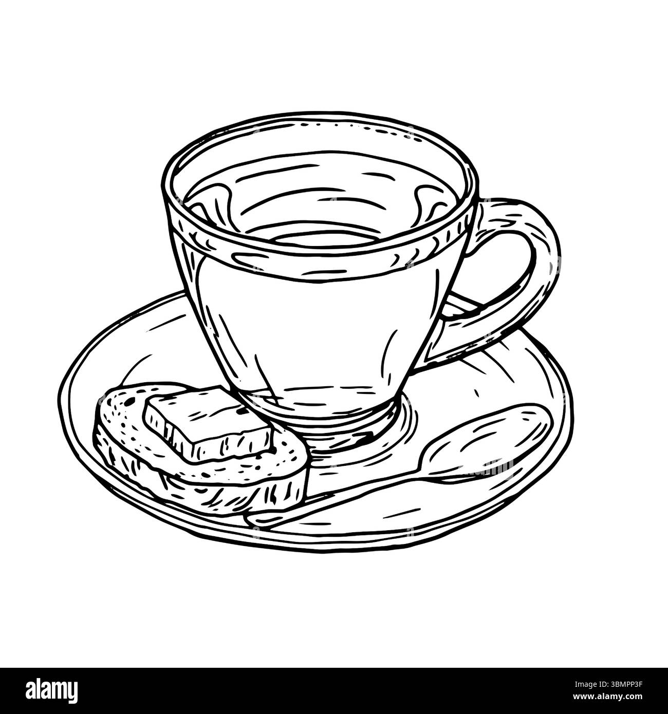Tasse à café en porcelaine sur soucoupe et sandwich beurré, croquis à l'encre noire et blanche. Illustration vectorielle. Mug de thé chaud avec des feuilles de menthe, isolé sur Illustration de Vecteur