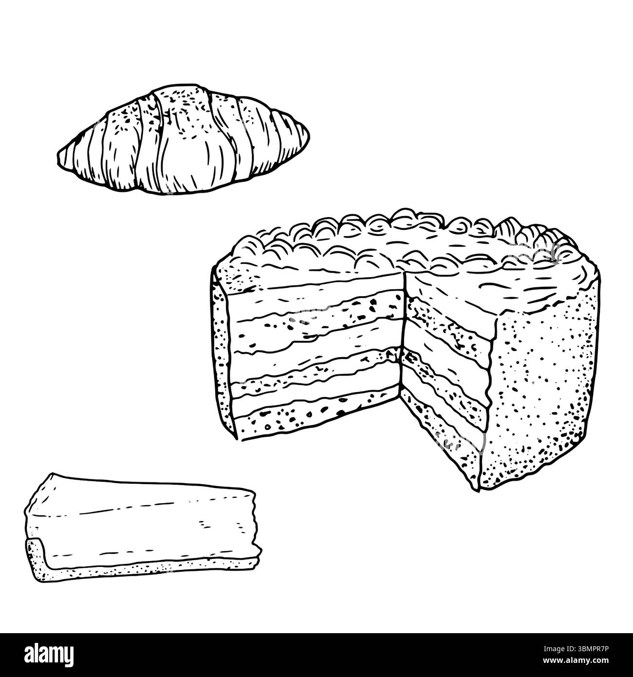 Un gâteau, un morceau de cheesecake et un pain avec des graines de pavot, un croquis à l'encre noire et blanche. Illustration vectorielle. Pâtisseries sucrées de la pâtisserie, isolé o Illustration de Vecteur