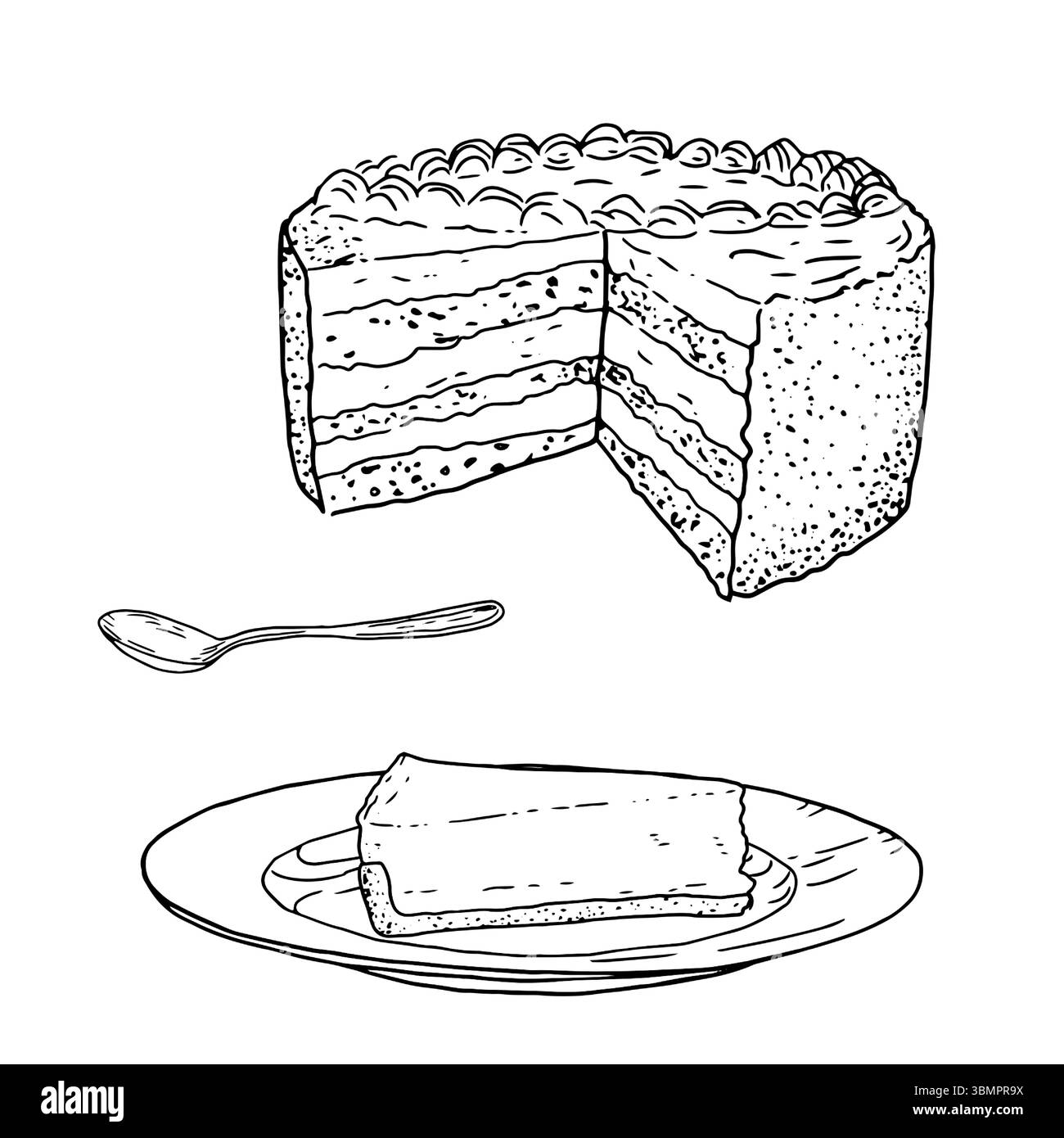 Gâteau, un morceau de cheesecake sur assiette et une cuillère, croquis noir et blanc. Illustration vectorielle. Pâtisseries sucrées de la pâtisserie pour le thé, isolé sur Illustration de Vecteur