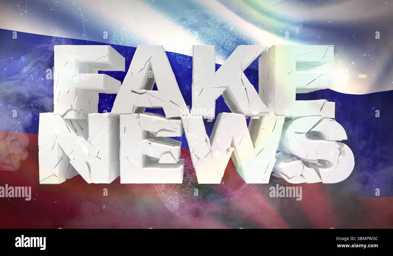 Illustration 3D du concept de fake news avec le drapeau de fond de la Russie Banque D'Images