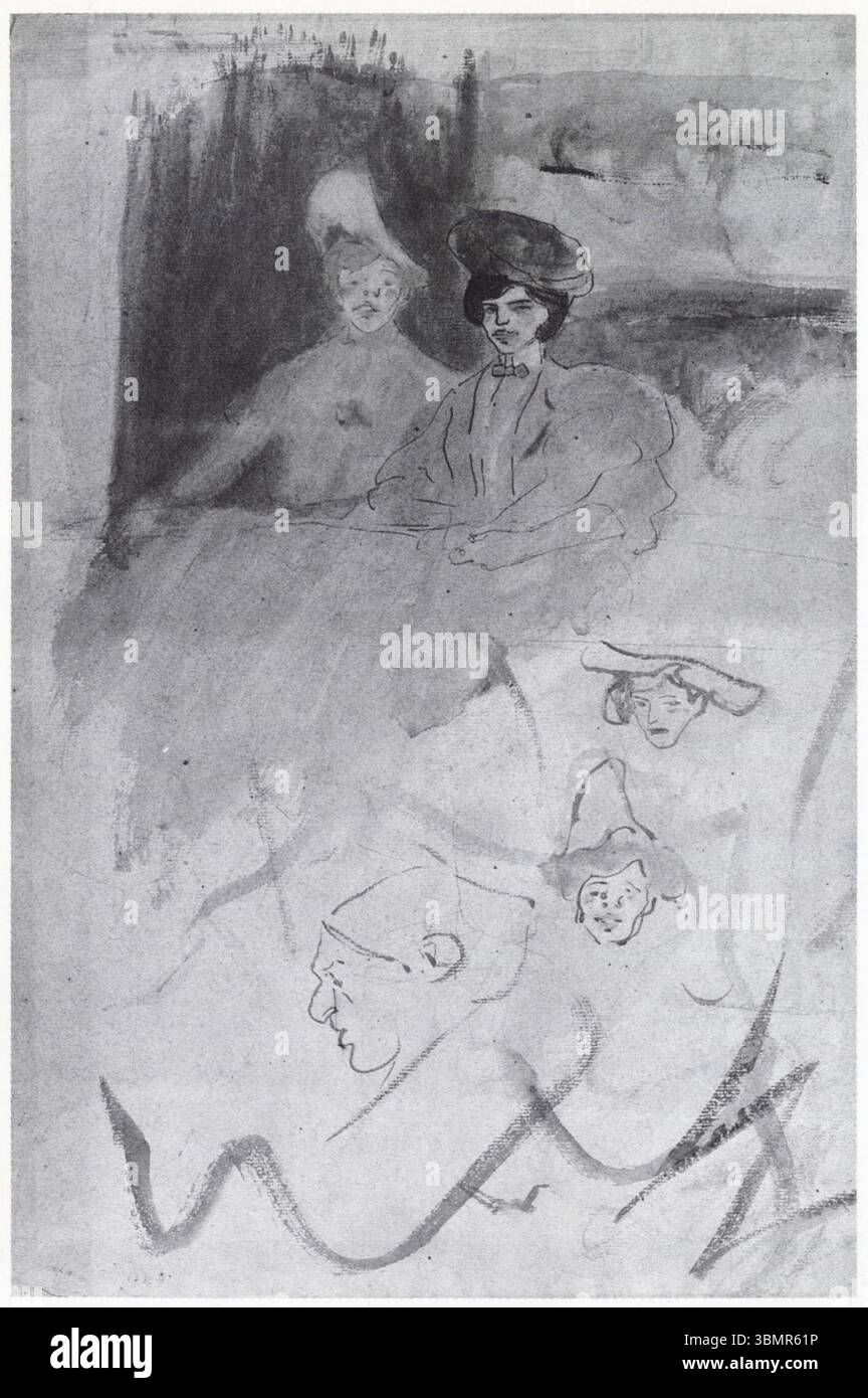 AMEDEO MODIGLIANI. DEUX FEMMES ET TROIS ÉTUDES DE TETES. 1908. ENCRE ET AQUARELLE SUR PAPIER BLEU-GRIS Banque D'Images