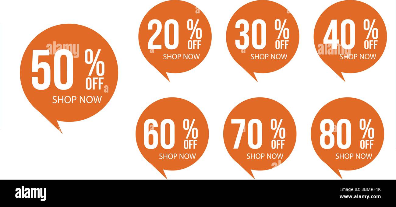 Bulles de discours Orange Discount avec étiquettes de pourcentage Shop Now Illustration de Vecteur
