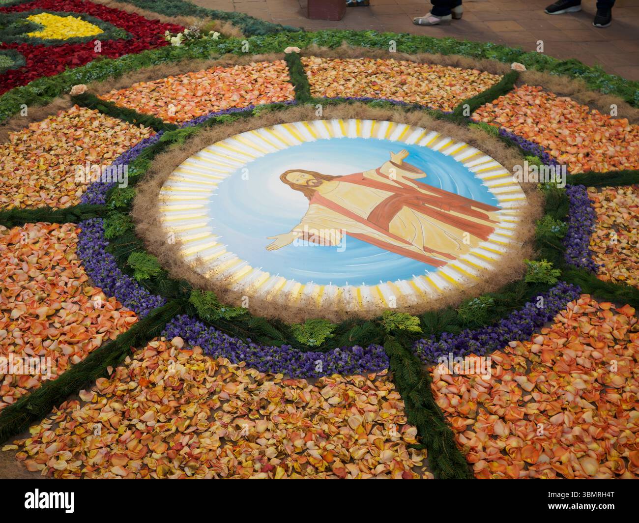 Alseno, Italie 22 juin 2025 vibrant arrangement floral traditionnel représentant l'accueil du Christ, méticuleusement conçu pour le festival Corpus Domini à proximité Banque D'Images