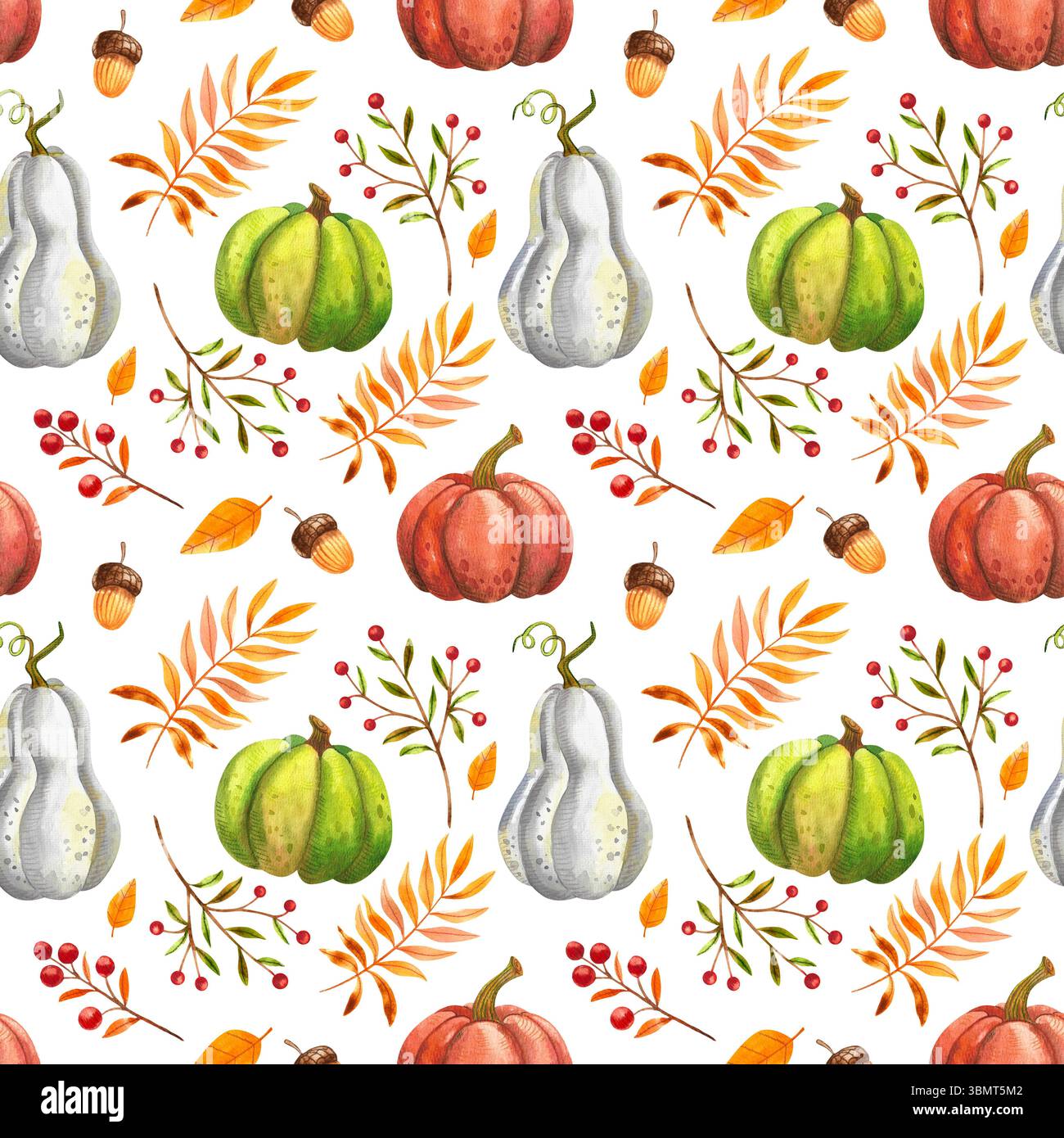 Modèle sans couture d'automne avec des feuilles orange et des citrouilles d'automne. Illustration à l'aquarelle dessinée à la main de légumes et de plantes sur fond blanc. Pour d Banque D'Images