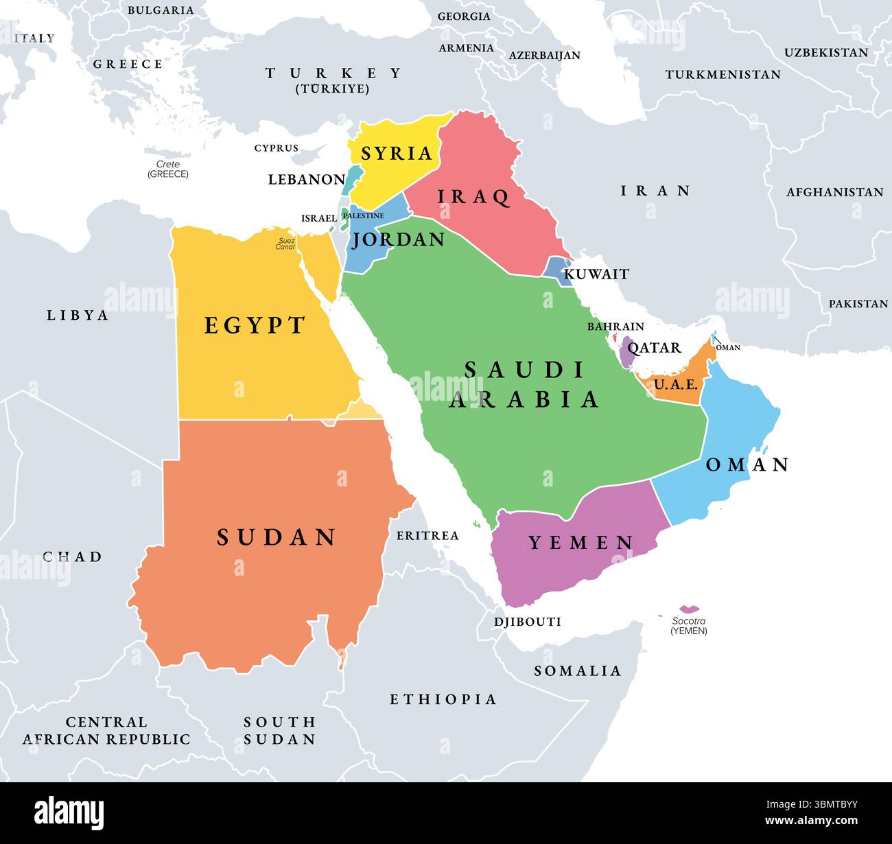 Mashriq, carte politique multicolore. Aussi appelé Mashriq arabe, l'équivalent arabe pour le moyen-Orient, et la partie orientale du monde arabe. Banque D'Images