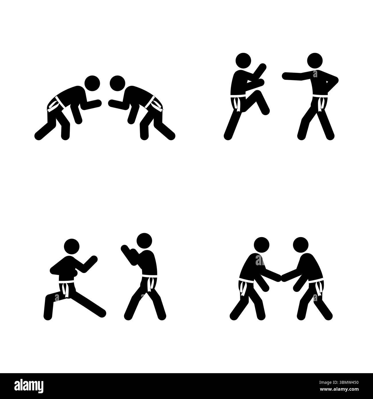 Ensemble de figures de bâton, karaté art martial, silhouettes noires sur fond blanc, illustration vectorielle plate. Illustration de Vecteur