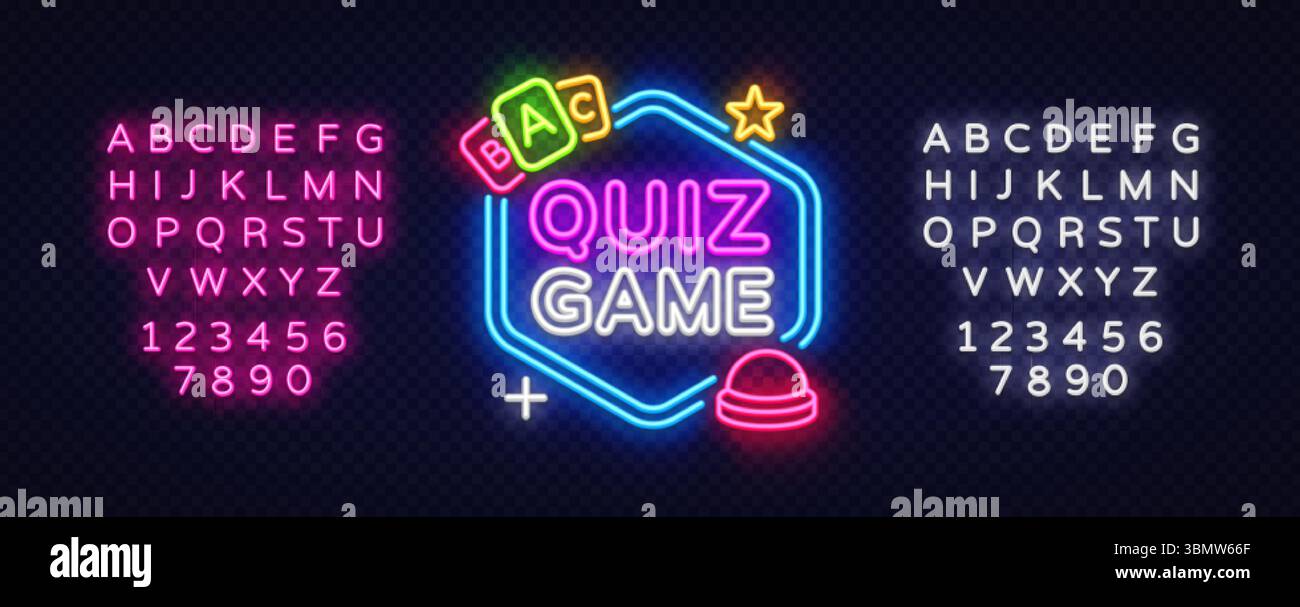 Étiquette de vecteur de jeu avec cartes et buzzer. JEU DE QUIZ de mot néon en forme d'hexagone, alphabet lumineux et chiffres sur fond transparent foncé Illustration de Vecteur