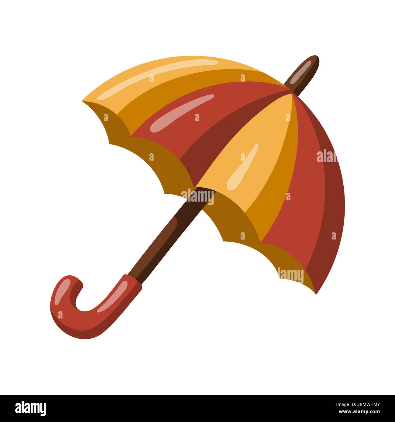 Parapluie rayé dans les couleurs d'automne rouge et jaune avec poignée incurvée. Automne temps pluvieux. Illustration vectorielle de dessin animé Illustration de Vecteur