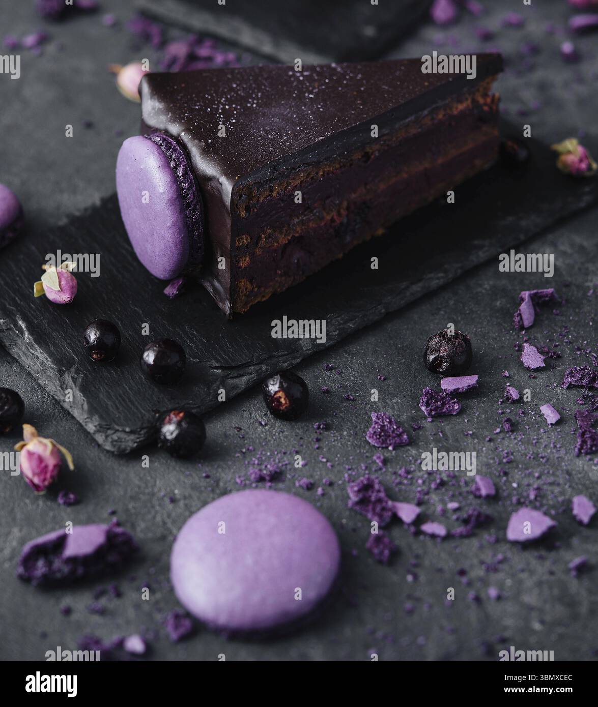 Nature morte, gâteau au chocolat avec macarons sur tableau noir Banque D'Images