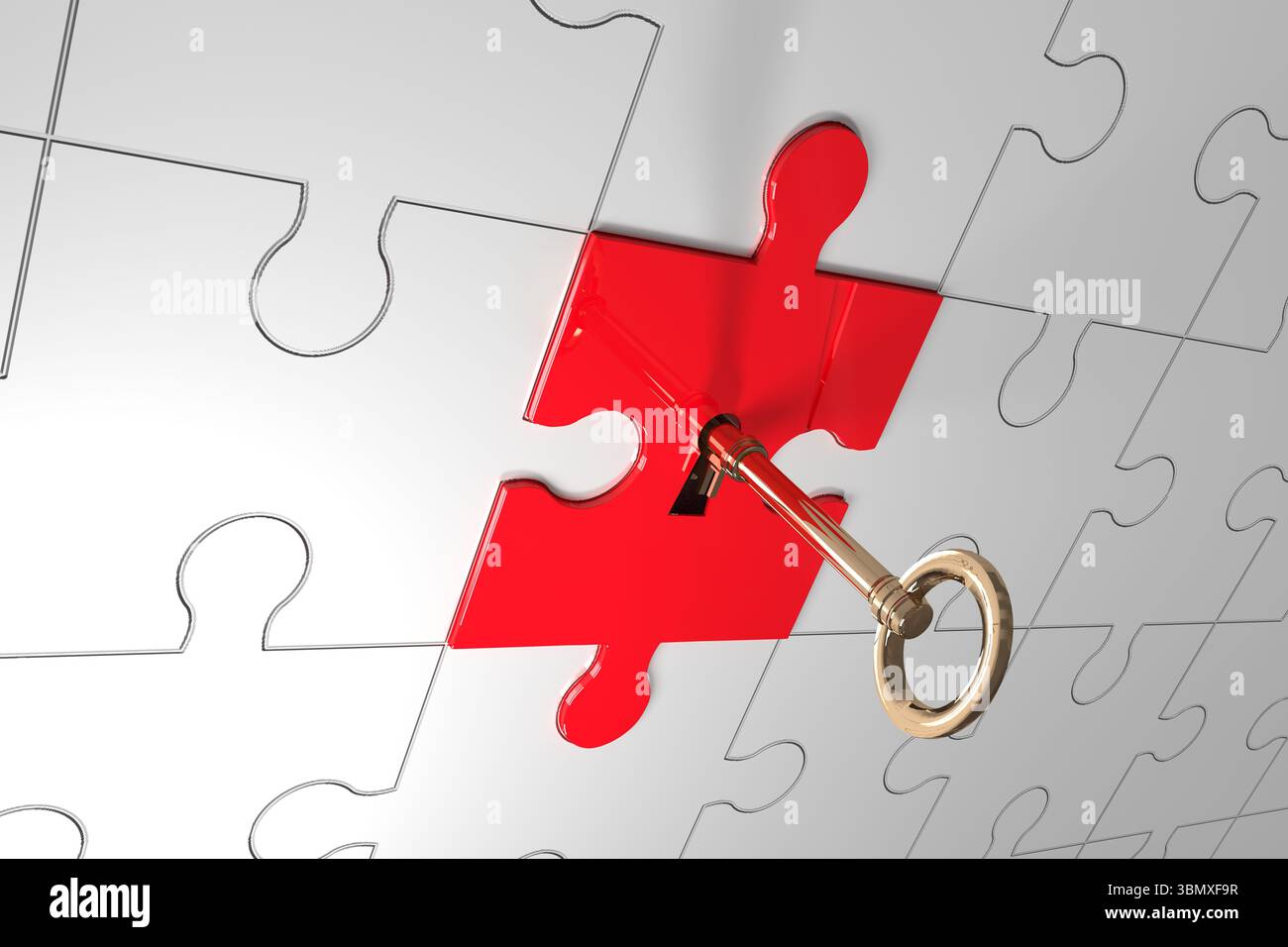 La grille de puzzle en gros plan montre une pièce rouge tenant la clé dorée au milieu des pièces blanches dans le rendu 3D. Banque D'Images