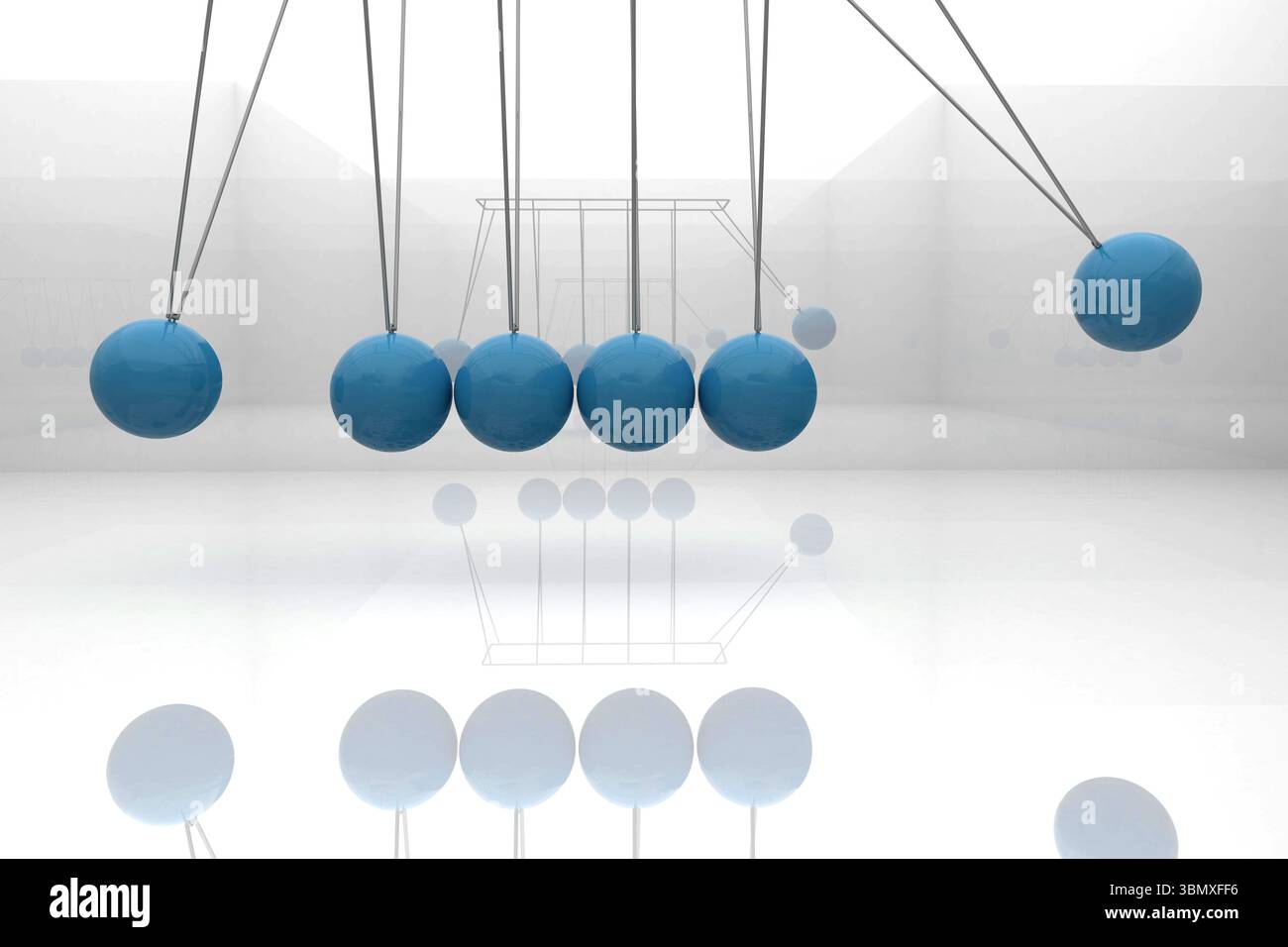 Le berceau de Newton démontre le mouvement dans un rendu 3D propre avec des sphères bleues brillantes et des tiges fines Banque D'Images Le berceau de Newton démontre le mouvement dans un rendu 3D propre avec des sphères bleues brillantes et des tiges fines Banque D'Images
