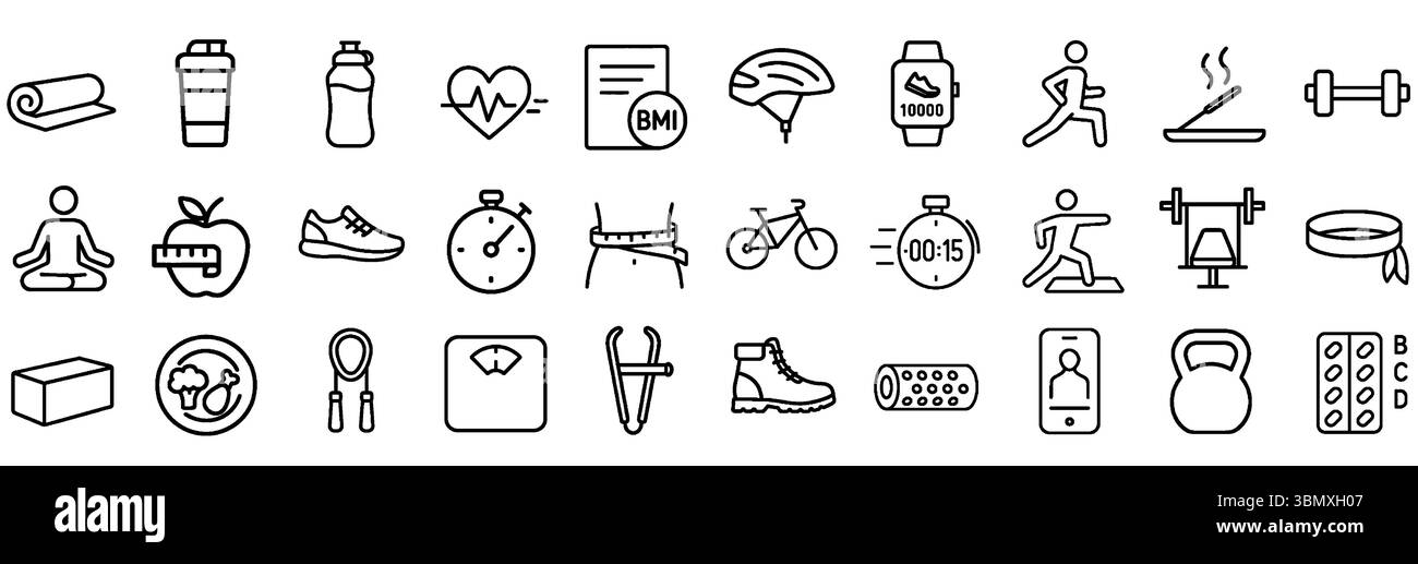 Collection d'icônes Health and Fitness Stroke. Inclut yoga, nutrition, exercice, IMC, course, et bien plus encore. Icônes de contour modifiables. Illustration de Vecteur