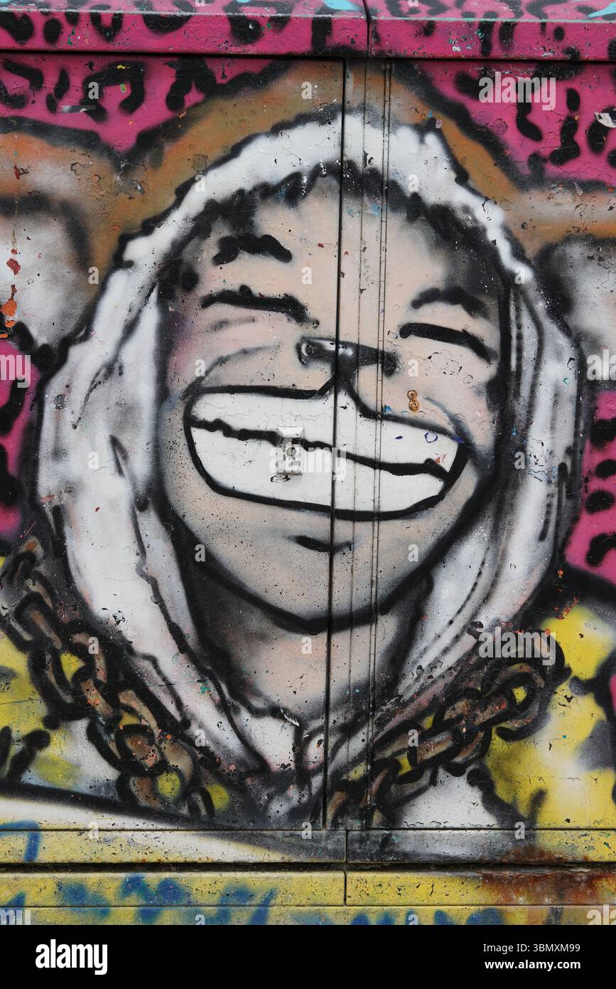 Vibrant Urban Graffiti représentant un visage joyeux affichant une expression artistique audacieuse. art par danlish 1. Brighton, Angleterre Banque D'Images