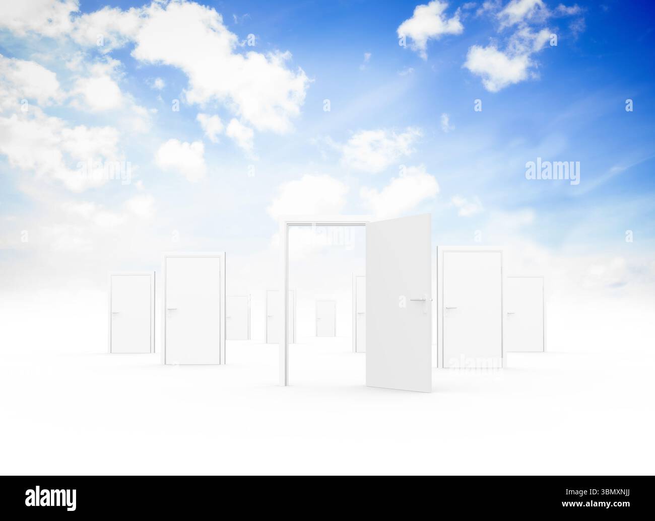 la porte de conception plate ouverte encadre l'avion blanc tandis que les portes fermées reculent sous le ciel bleu Banque D'Images