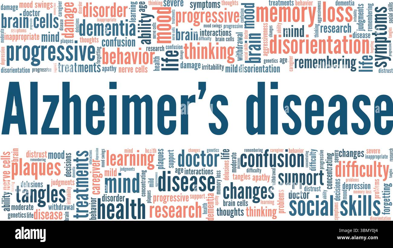 Conception conceptuelle du nuage de mots de la maladie d'Alzheimer isolé sur fond blanc. Illustration de Vecteur