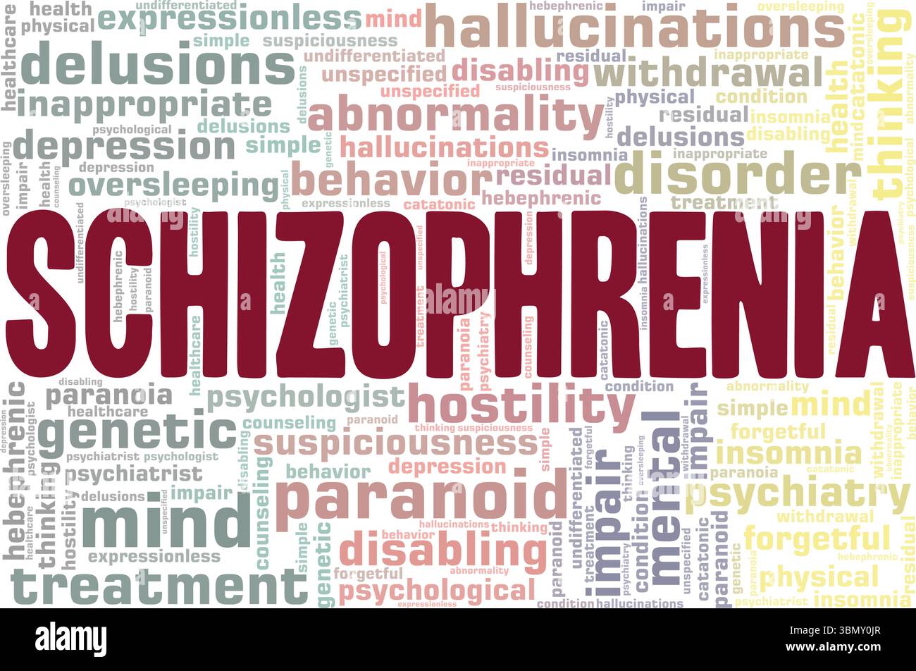 Conception conceptuelle de nuage de mots de schizophrénie isolé sur fond blanc. Illustration de Vecteur