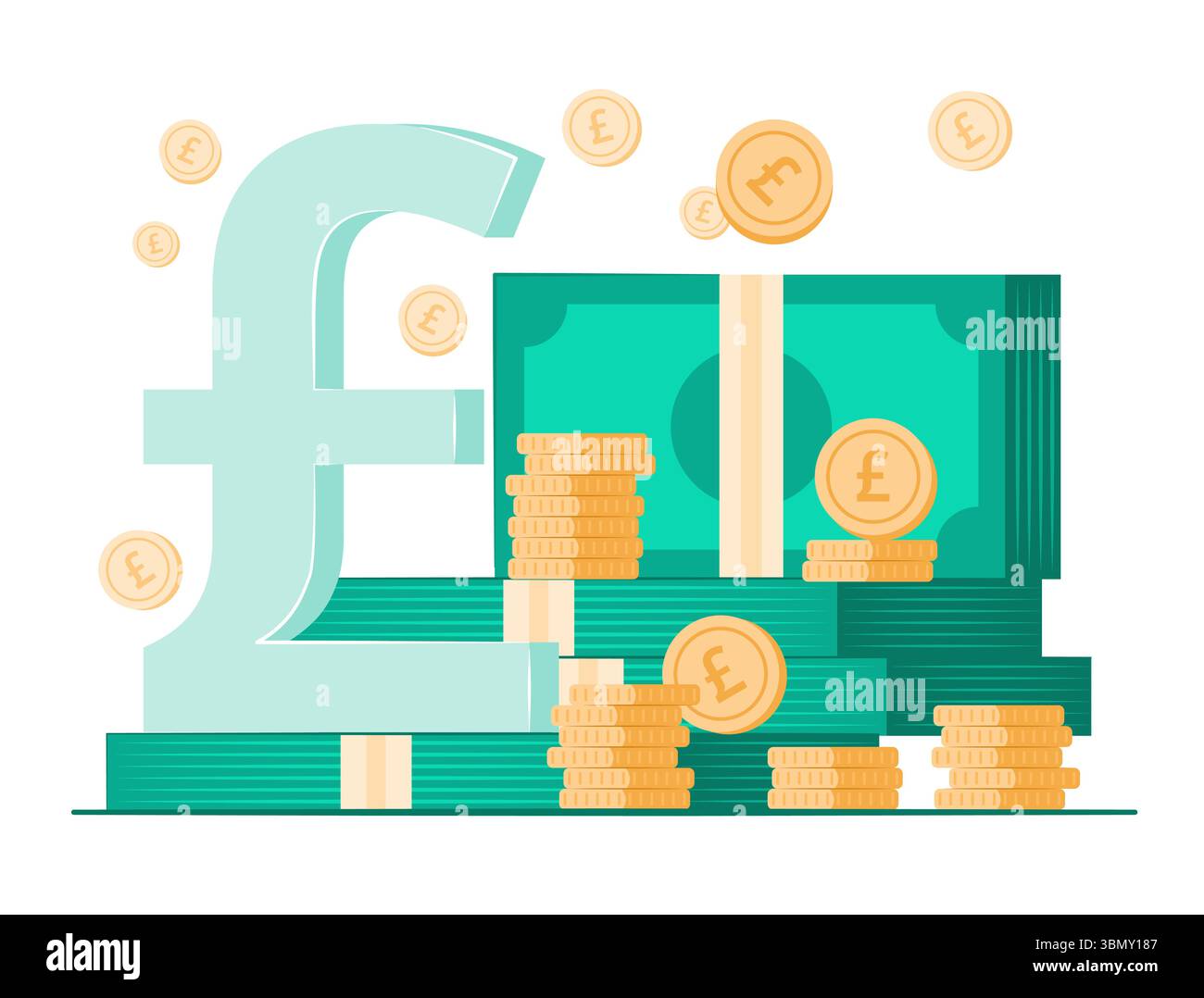 Pile d'argent comptant et de pièces de monnaie avec le symbole de devise sterling de la livre sterling britannique pour l'illustration de concept financier, d'épargne et d'investissement Illustration de Vecteur