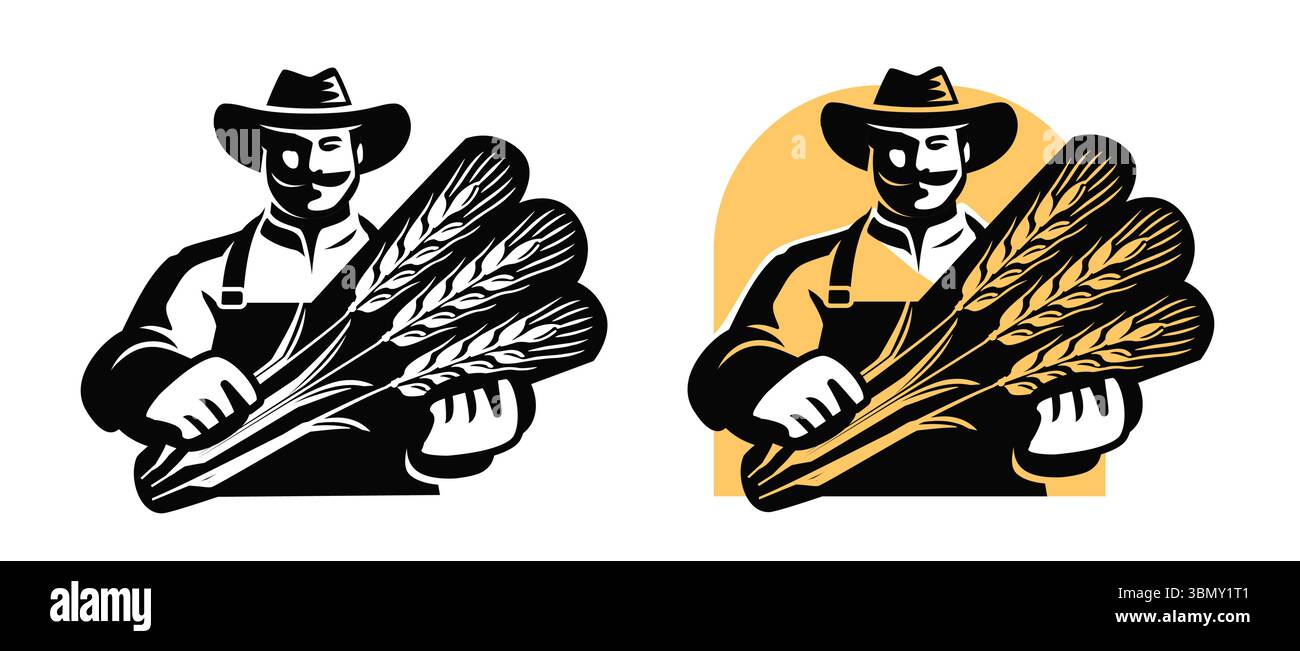Agriculteur avec gerbe d'emblème de blé. Ouvrier agricole en chapeau récoltant des récoltes dans les champs agricoles Illustration de Vecteur