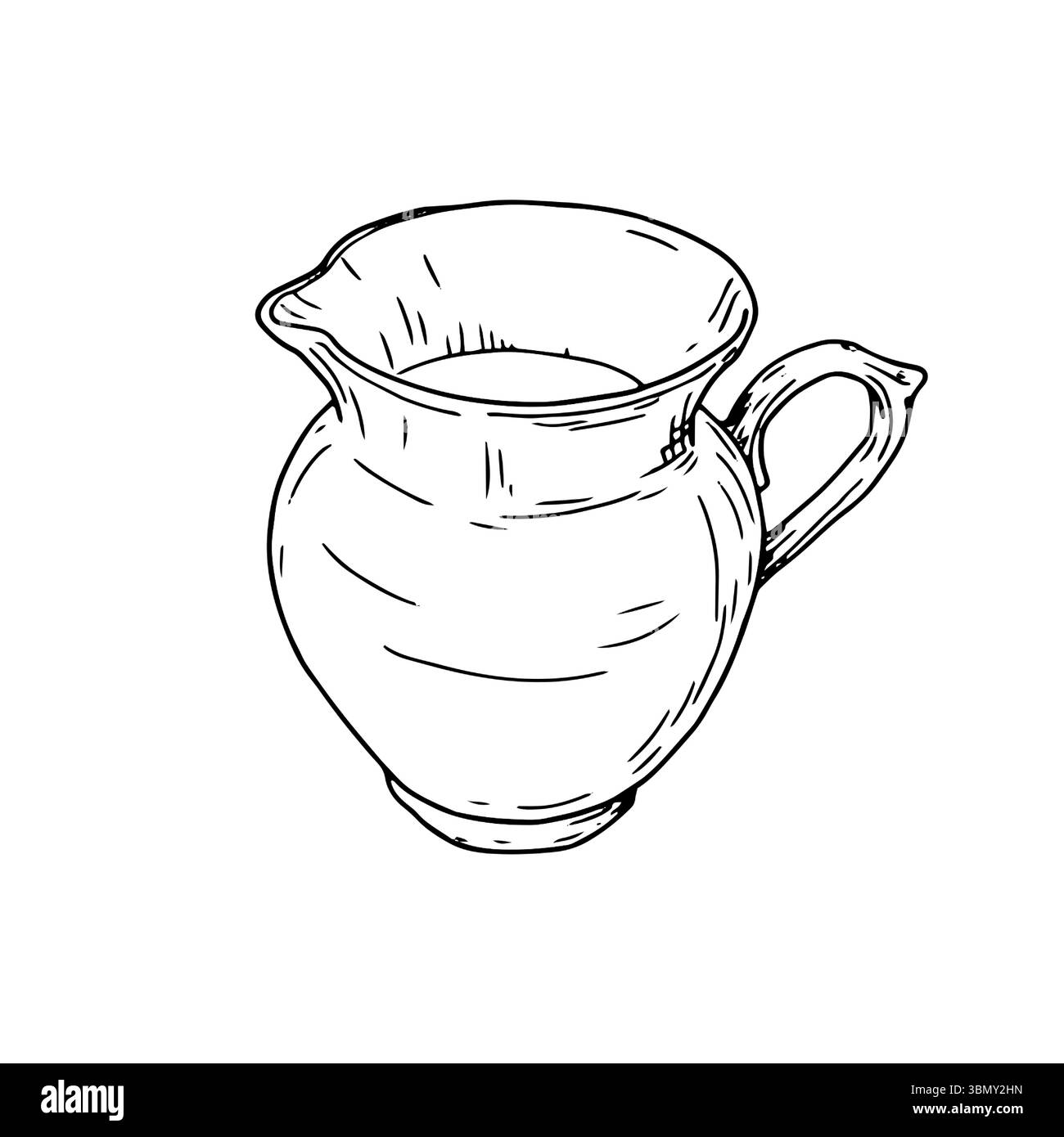 Pichet en céramique pour l'eau ou le lait, croquis à l'encre noire et blanche. Illustration vectorielle. Carafe avec une poignée pour salle de bain, isolée sur fond blanc. Illustration de Vecteur