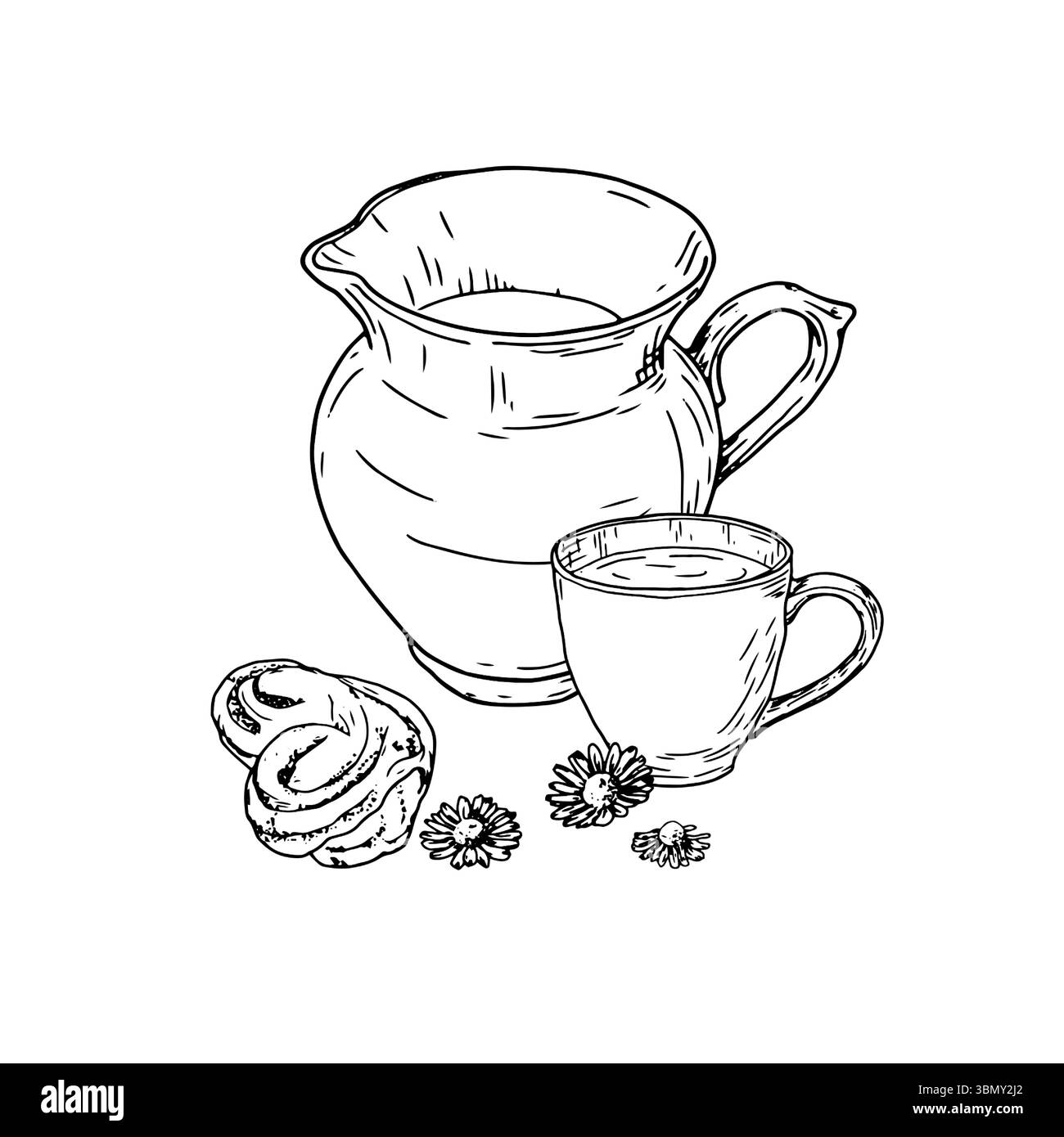 Pichet en verre pour l'eau ou le lait, croquis à l'encre noire et blanche. Illustration vectorielle. Carafe avec poignée de salle de bain, isolée sur fond blanc. Les eux Illustration de Vecteur