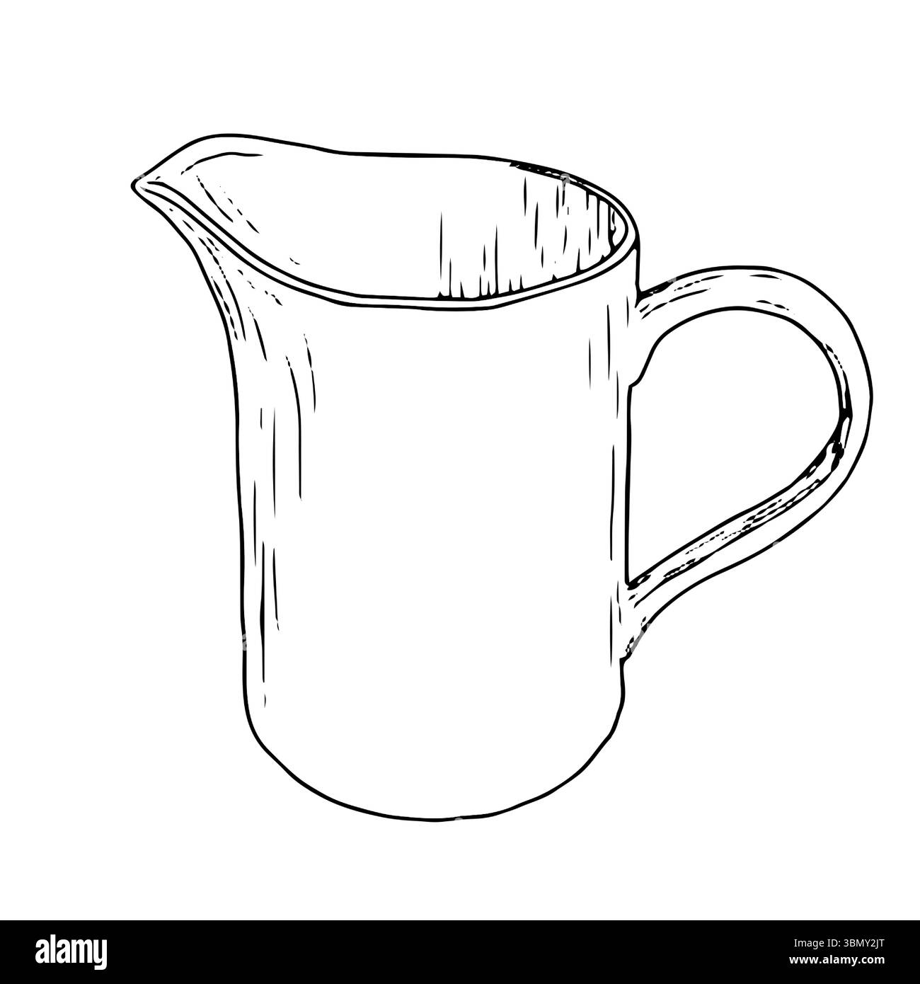 Pichet en céramique pour l'eau ou le lait, croquis à l'encre noire et blanche. Illustration vectorielle. Carafe avec une poignée pour salle de bain, isolée sur fond blanc. Illustration de Vecteur