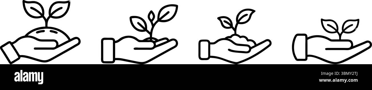 Mains nourrissant de jeunes plantes symbolisant le soin de la croissance et le début de la vie dans un simple ensemble d'icônes de dessin au trait Illustration de Vecteur