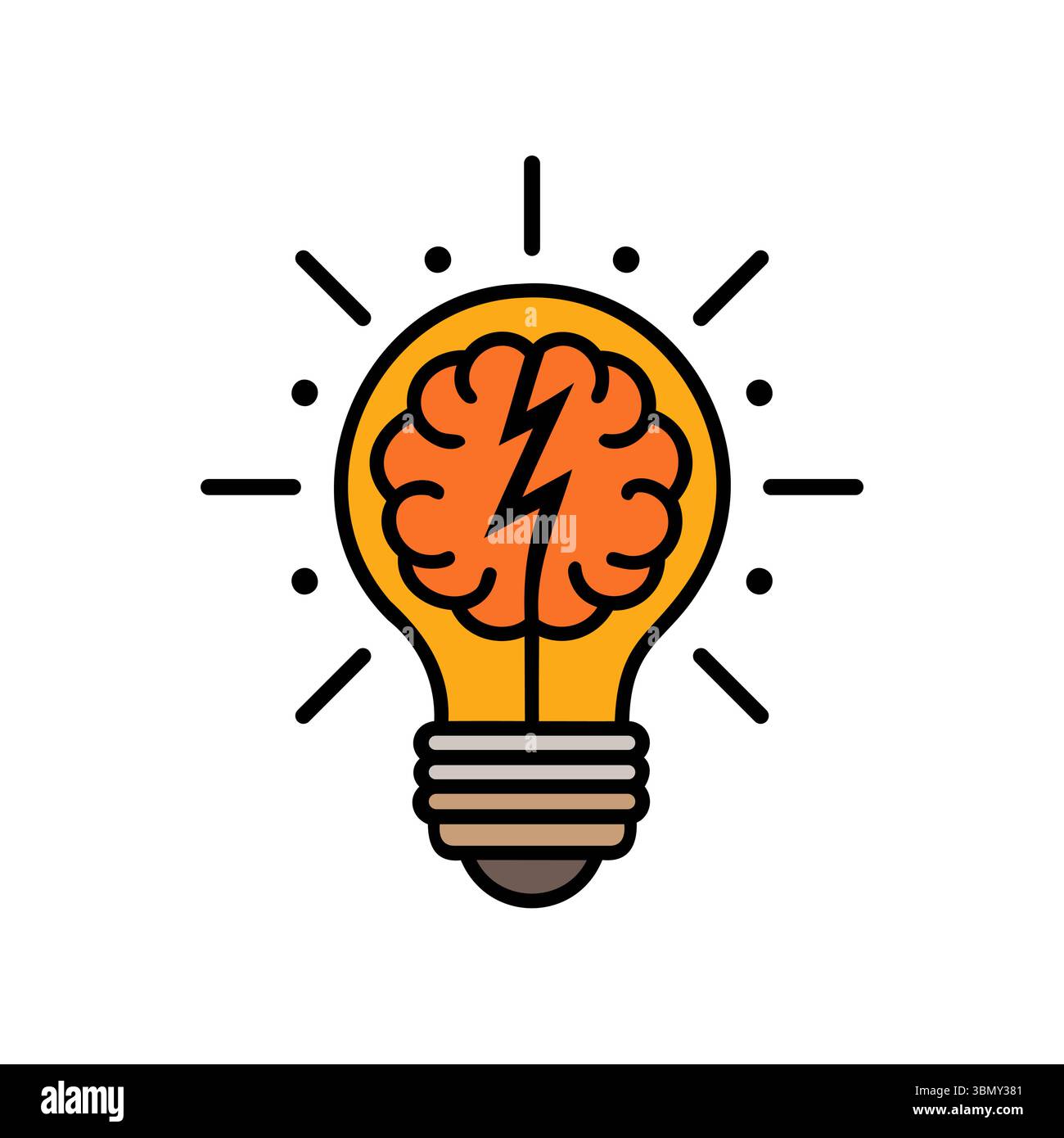 Une ampoule orange avec un cerveau stylisé à l'intérieur, avec un éclair. Des rayons émanent de l'ampoule, représentant une idée brillante ou une étincelle mentale Illustration de Vecteur