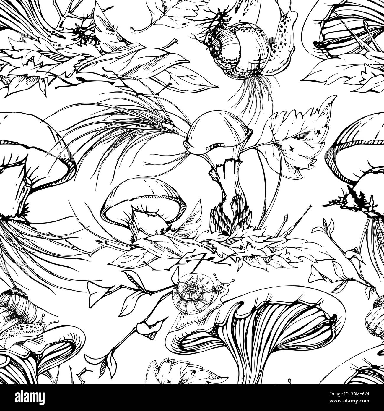 Russula webcap Suillus mélèze bolete champignon de jack glissant. Motif sans couture naturel Fungi dessiné à la main à l'encre vectorielle. Escargot rampant sur la casquette, sur le dessus de Illustration de Vecteur