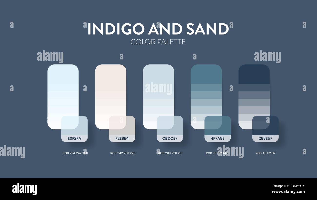 Guide de palette de couleurs dans les collections à thème Indigo et sable. Inspiration de couleur ou graphique avec modèle de codes. Combinaison de couleurs RVB. Nuance de couleurs Illustration de Vecteur