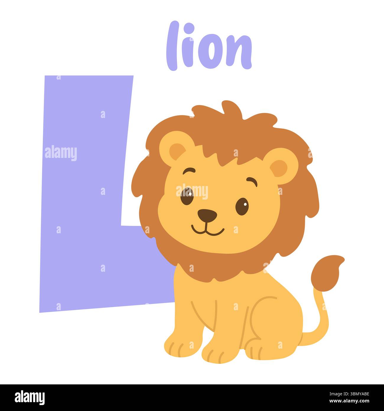 Lion de dessin animé drôle assis près de la grande lettre l pour l'apprentissage de l'alphabet des enfants Illustration de Vecteur