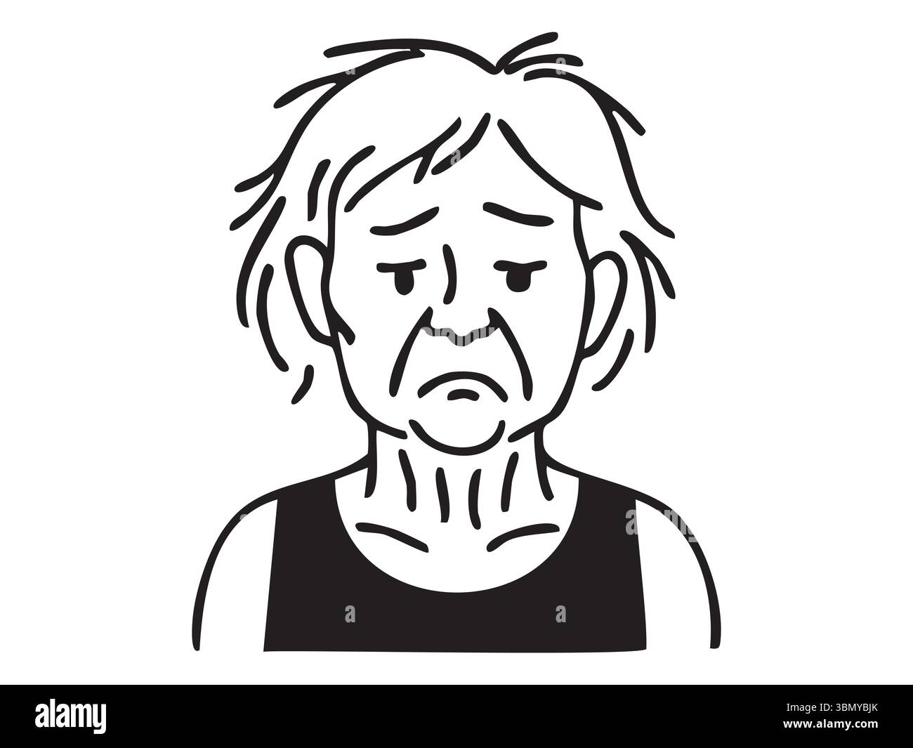 Illustration en noir et blanc d'une femme âgée avec une expression triste isolée sur fond blanc. concept de vieillissement, émotion, senior, personnes âgées, icône, g Illustration de Vecteur