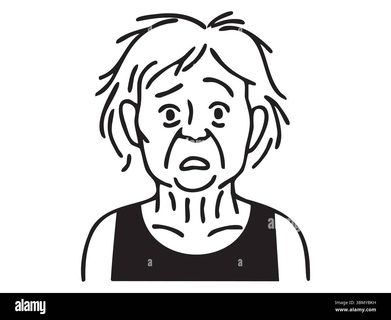 Contour noir d'une femme âgée avec une expression inquiète, isolé sur fond blanc, illustration graphique. concept de personne âgée, vieillissement, émotion, Illustration de Vecteur