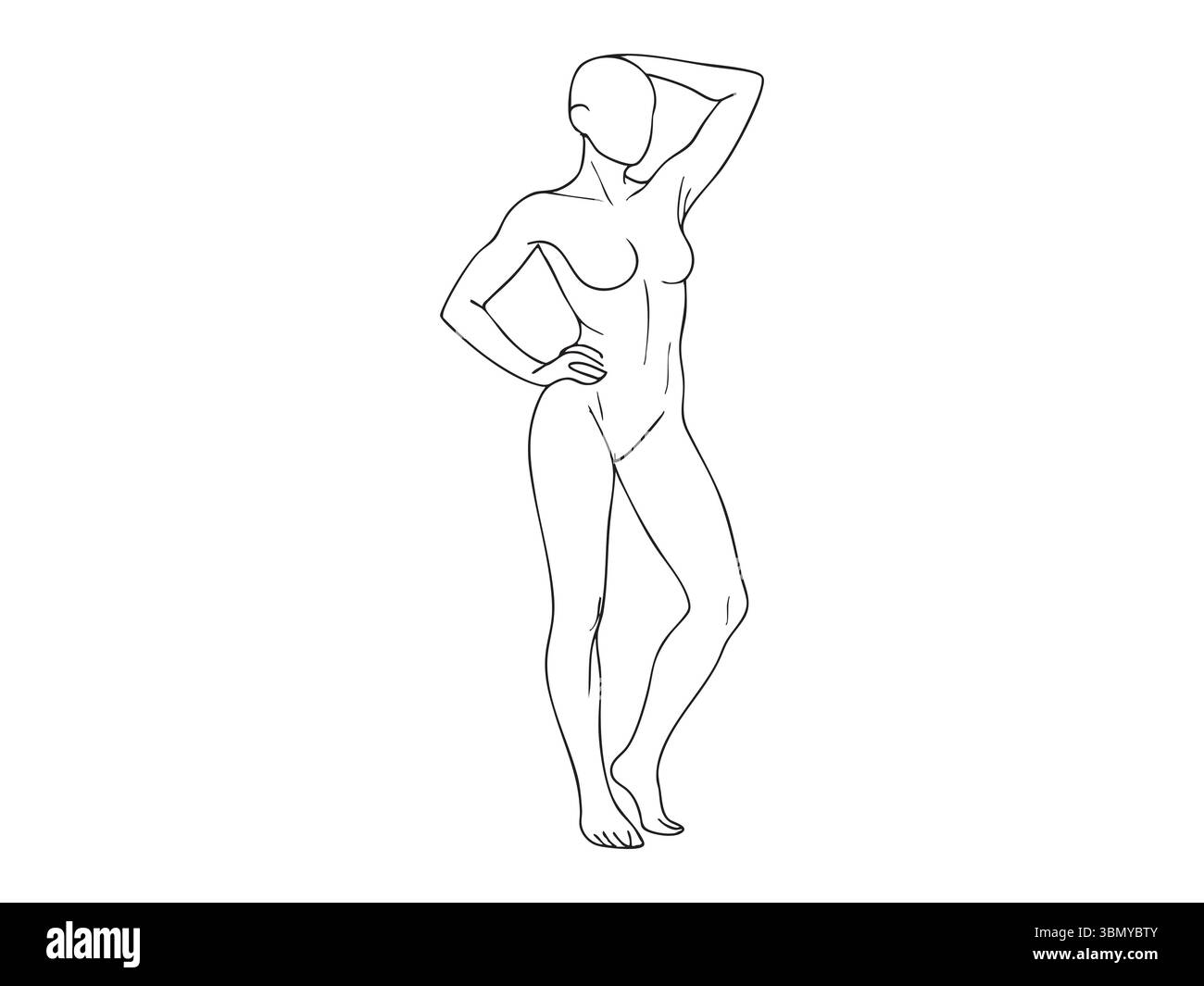 Contour noir de femme en pose classique, main sur la hanche et la tête, isolé sur fond blanc, illustration graphique. concept de figure féminine, anatomie, a Illustration de Vecteur