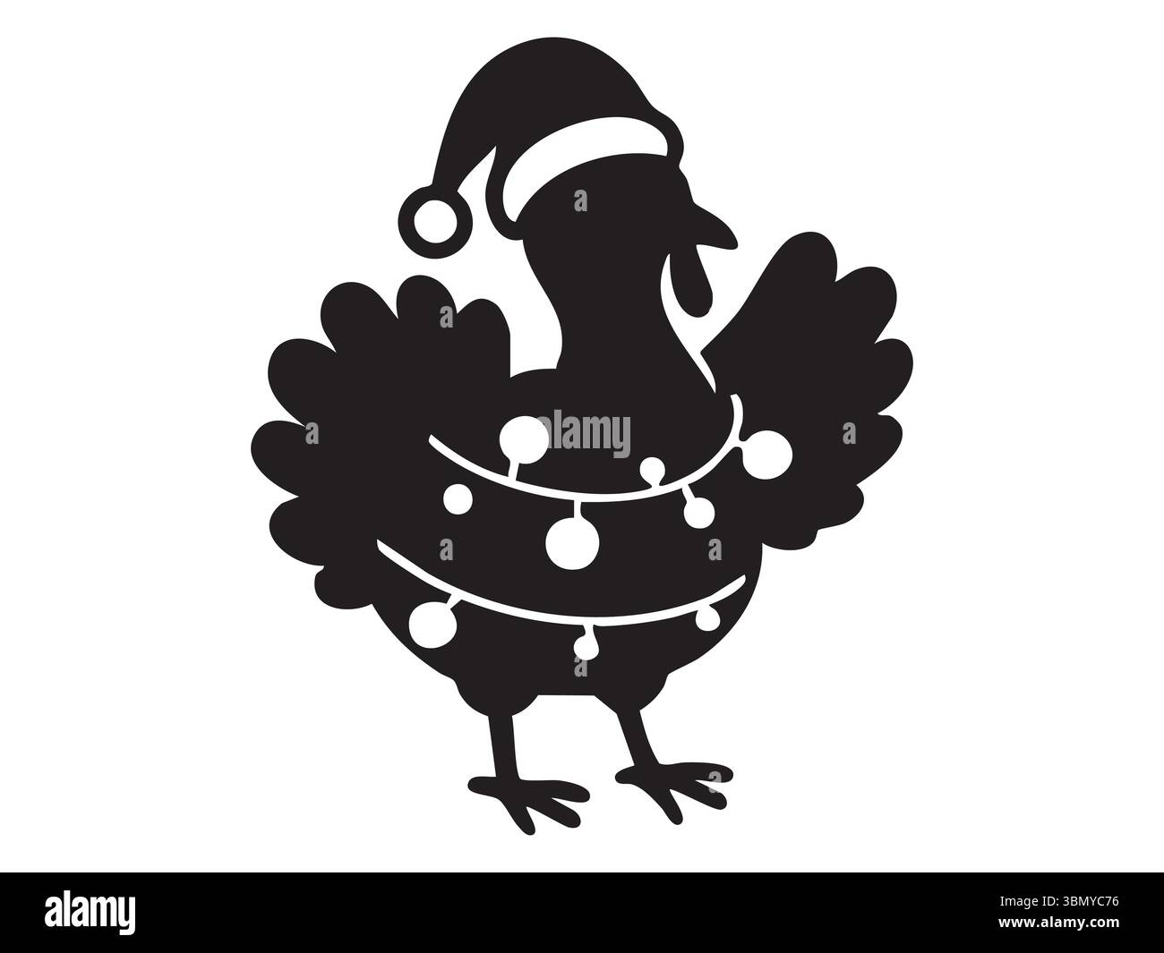 Silhouette noire de dinde festive dans le chapeau de noël avec des lumières de chaîne isolé sur fond blanc, illustration graphique. concept de vacances, animal, Illustration de Vecteur