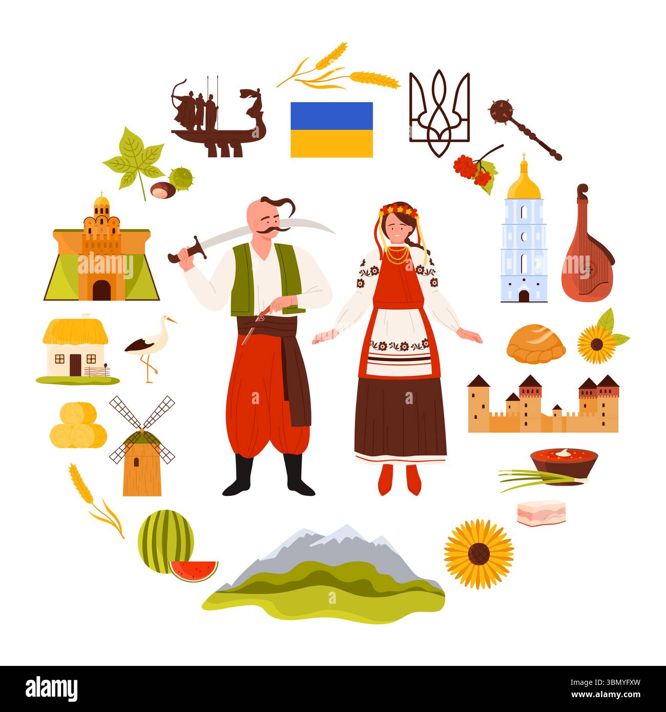 Éléments de la culture ukrainienne, femme ukrainienne en couronne de fleurs, cosaque avec épée en affiche infographique ronde. Montagnes des Carpates et bâtiment du patrimoine, symboles d'indépendance illustration vectorielle de dessin animé Illustration de Vecteur