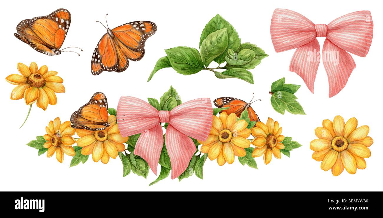 Ensemble avec joli noeud rose et papillon monarque dans un style aquarelle réaliste. Tournesol jaune et éléments botaniques forment un arrangement tropical vif Banque D'Images