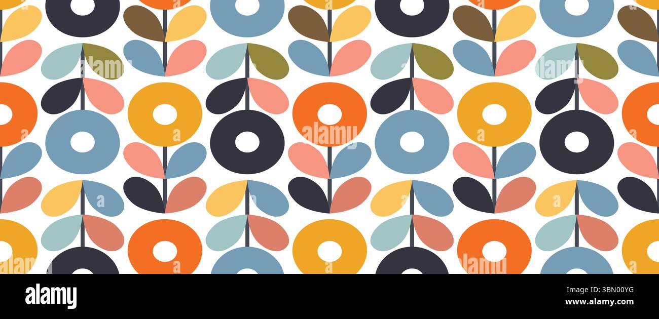 Motif floral moderne sans couture avec des fleurs et des feuilles stylisées dans un style scandinave rétro. Formes de couleurs vintage avec texture usée Illustration de Vecteur