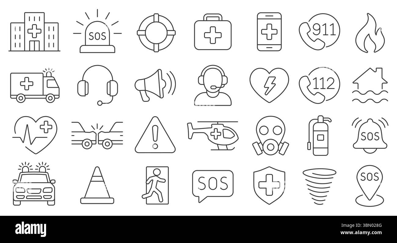 Jeu d'icônes de trait éditables d'urgence. Collection d'icônes de ligne d'urgence minime et simple. SOS connexe, sécurité, alarme, ambulance, avertissement hospitalier. Illustration de Vecteur