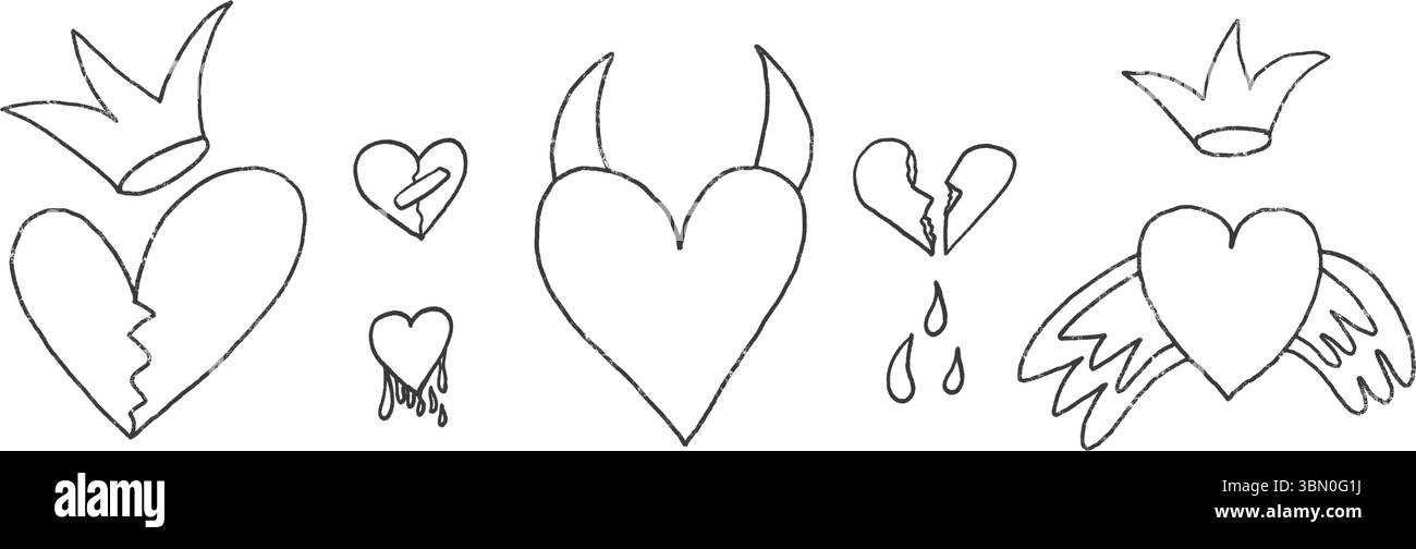 Cœurs brisés avec des couronnes et cornes de diable crayon dessiné ensemble. Marqueur de rupture doodles isolé sur fond blanc. Amour naïf croquis peinture dessinée à la main Illustration de Vecteur