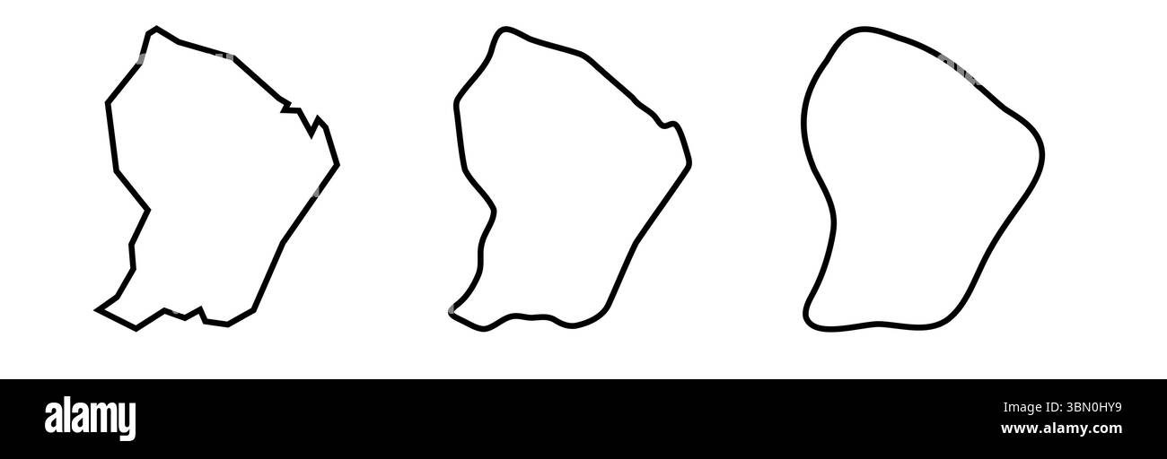 Silhouettes de contour noir de Guyane française en trois niveaux différents de douceur. Cartes simplifiées. Icônes vectorielles isolées sur fond blanc. Illustration de Vecteur