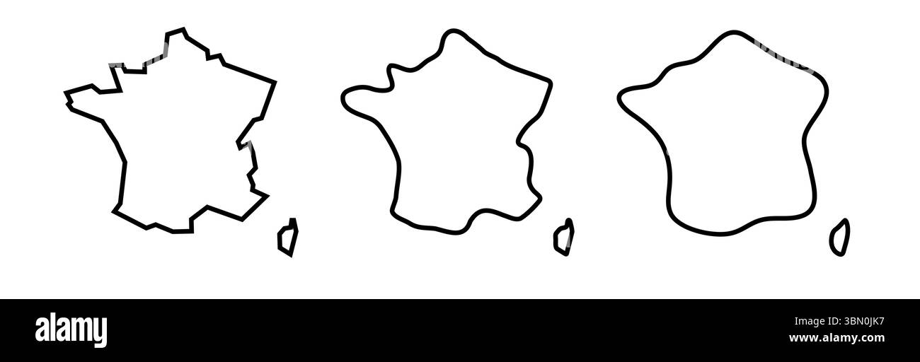 France Country silhouettes de contour noir dans trois niveaux différents de douceur. Cartes simplifiées. Icônes vectorielles isolées sur fond blanc. Illustration de Vecteur