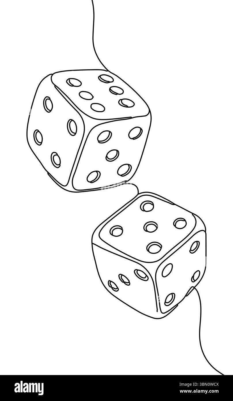 Dessin de deux dés sur une ligne. Les cubes en ligne continue risquent de jouer au hasard Jeux de casino probabilité de chance amusant. Vecteur de fond blanc de style minimaliste Illustration de Vecteur