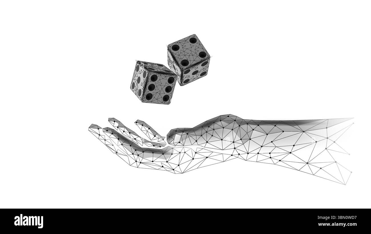 Dés tombant sur la main polygonale. Illustration de la stratégie de risque de pari au lancer de cube. Probabilité de fortune de divertissement de jeux de casino. Poly faible Illustration de Vecteur